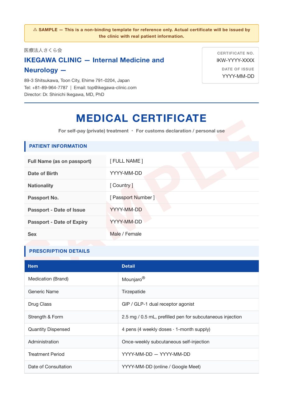 Sample English medical certificate issued by Ikegawa Clinic, page 1: clinic details, patient information and prescription details